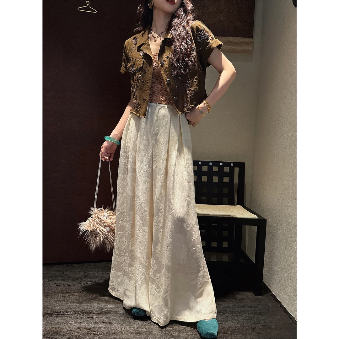 三吉黑花【宋至】新中式人丝提花阔腿裤子2025新款宽松休闲长裤潮