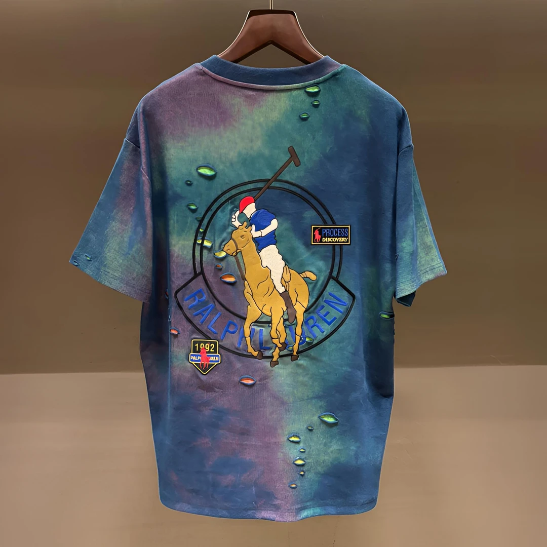 2025年男士新款夏季百搭扎染蓝绿针织短袖潮流T恤BG-2693