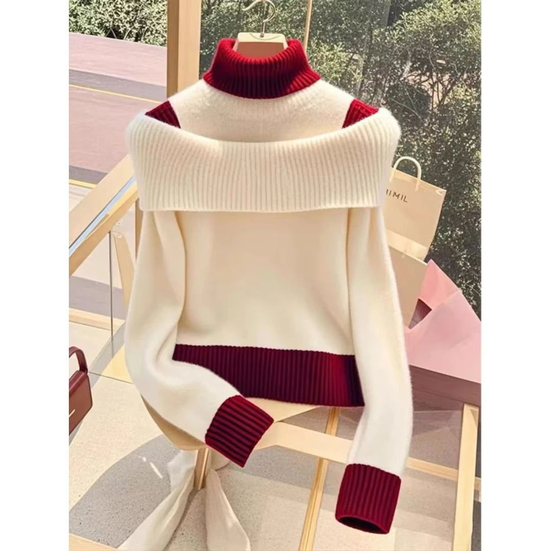 JY#小众别致设计气质拼接毛针织衫冬季百搭减龄撞色上衣DY11954