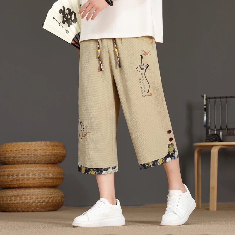 夏季新中式国风七分裤男潮流帅气轻薄透气冰丝复古民族风休闲短裤