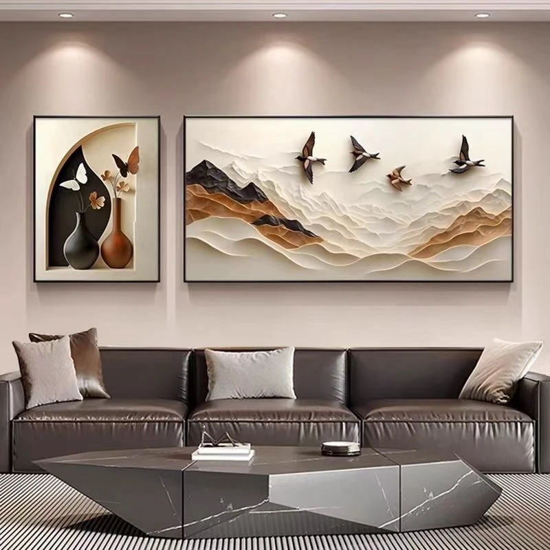 古风壁画背有靠山客厅沙发背景墙装饰画大雁高档客厅挂画双联挂画