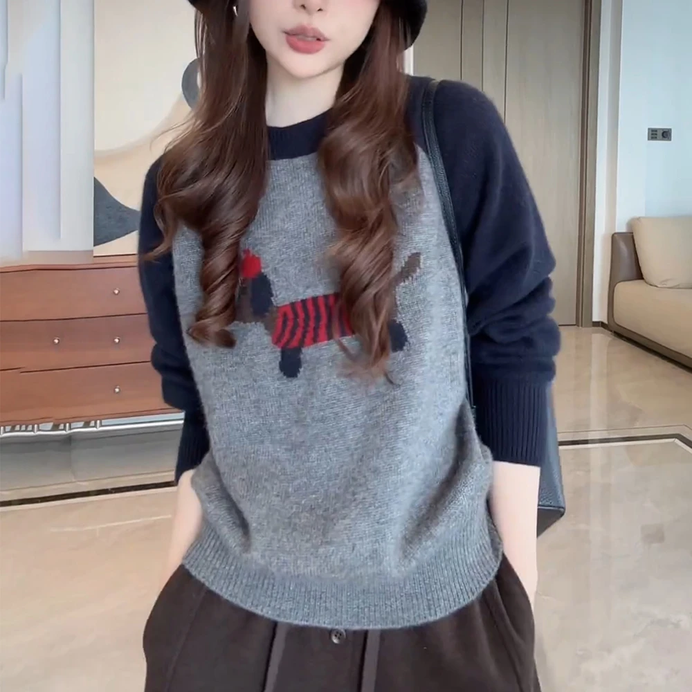 秋冬女撞色圆领毛衣慵懒高级感宽松刺绣小狗内搭打底针织衫上衣