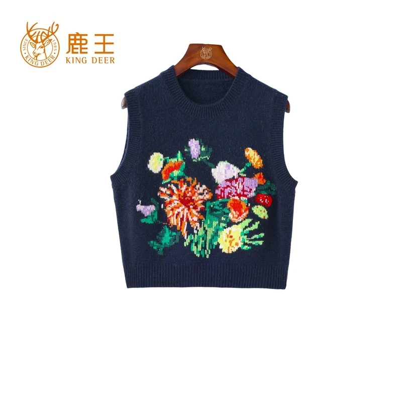 鹿王25春新款女圆领100山羊绒提花休闲短款针织背心 厚 20256027