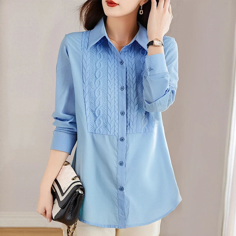 纯棉长袖衬衫女中长款2025年春秋新款休闲上衣翻领宽松衬衣大码