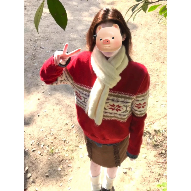 圣诞节氛围感穿搭费尔岛红色套头毛衣女秋冬宽松慵懒风针织衫上衣