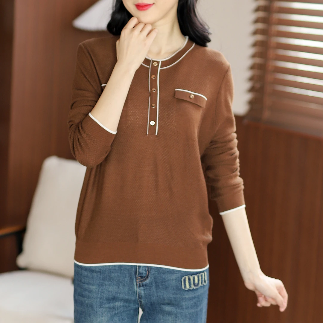 【春季上新】C7761咖色韩系撞色圆领设计感气质套头针织衫