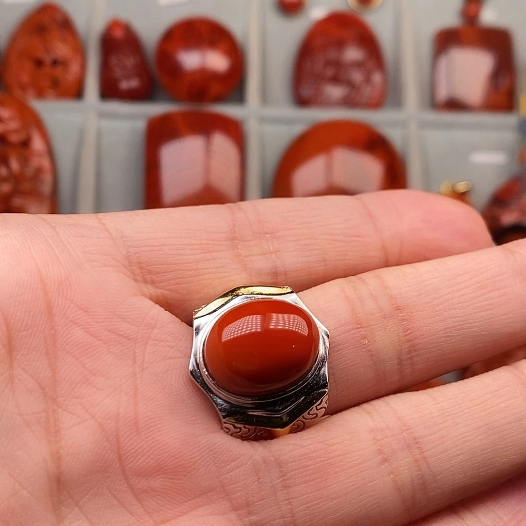 马***成南红玛瑙银S925镶嵌戒指