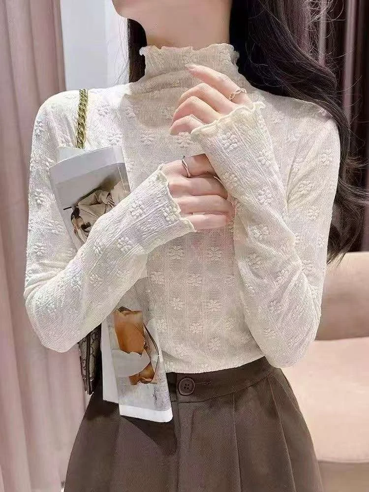 玲家精选9307款号百搭网纱提花打底衫