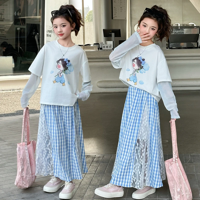 度假风女童夏季套装冰袖假两件上衣女大童蕾丝拼接半身裙两件套潮