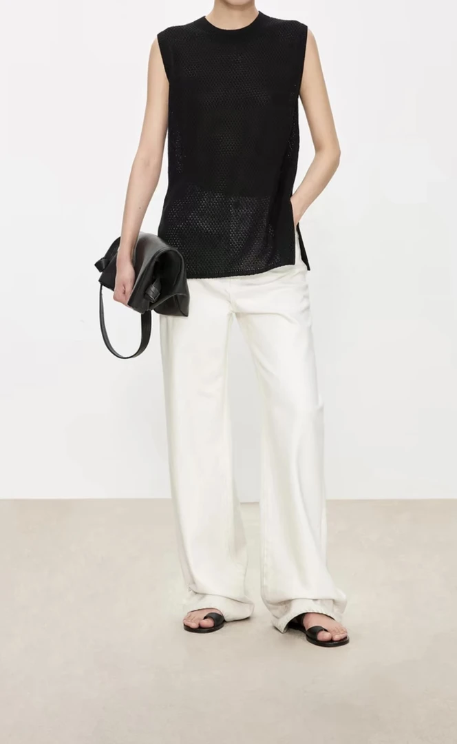 夏季冰爽桑蚕丝棉混纺镂空中长款下摆开衩无袖针织背心