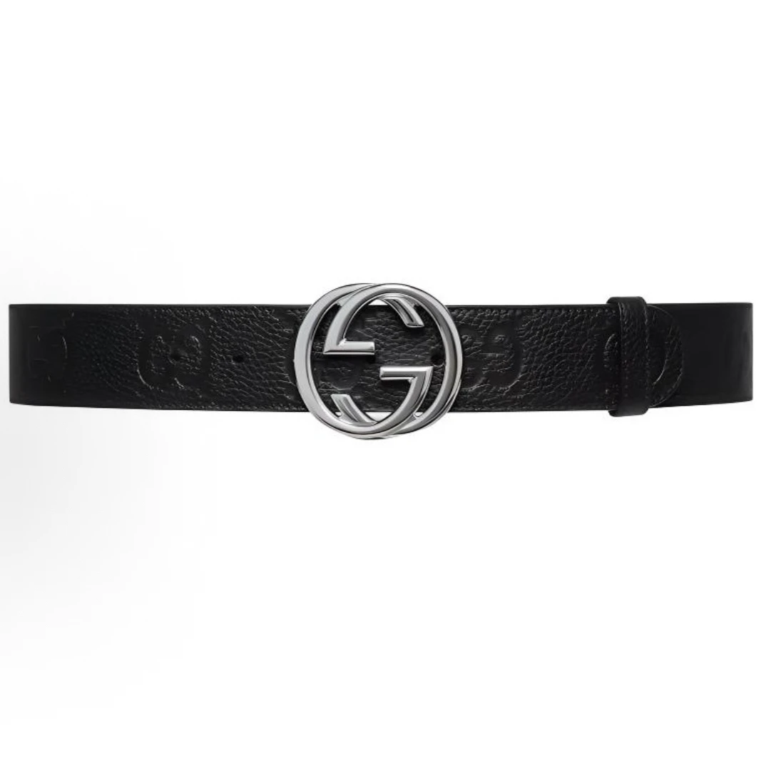 99新 GUCCI/古驰 古驰100码黑色压纹银扣腰带18999788