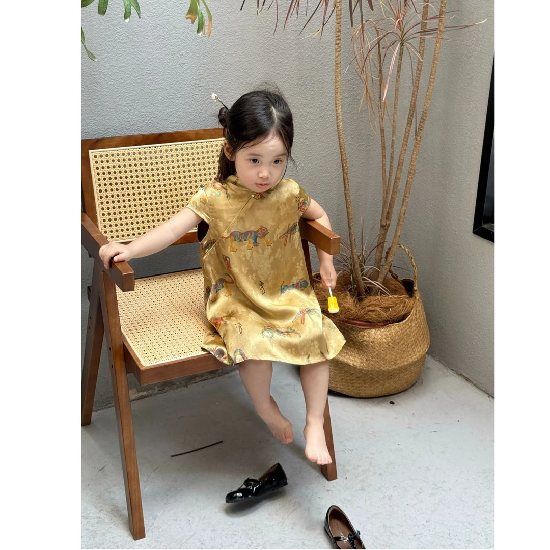 壹妈童装女童中秋节新中式旗袍裙秋季儿童国风黄色印花汉服连衣裙