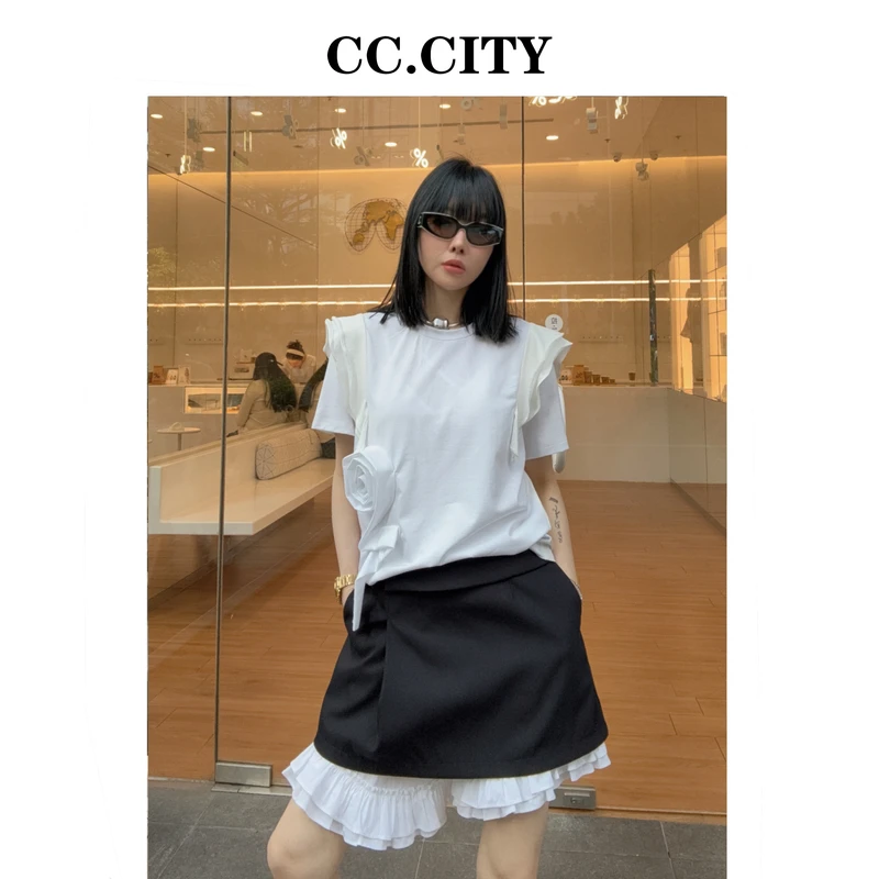 【蔡丽丽 & 添羽 】时尚洋气百搭个性重手工花朵短袖上衣80024