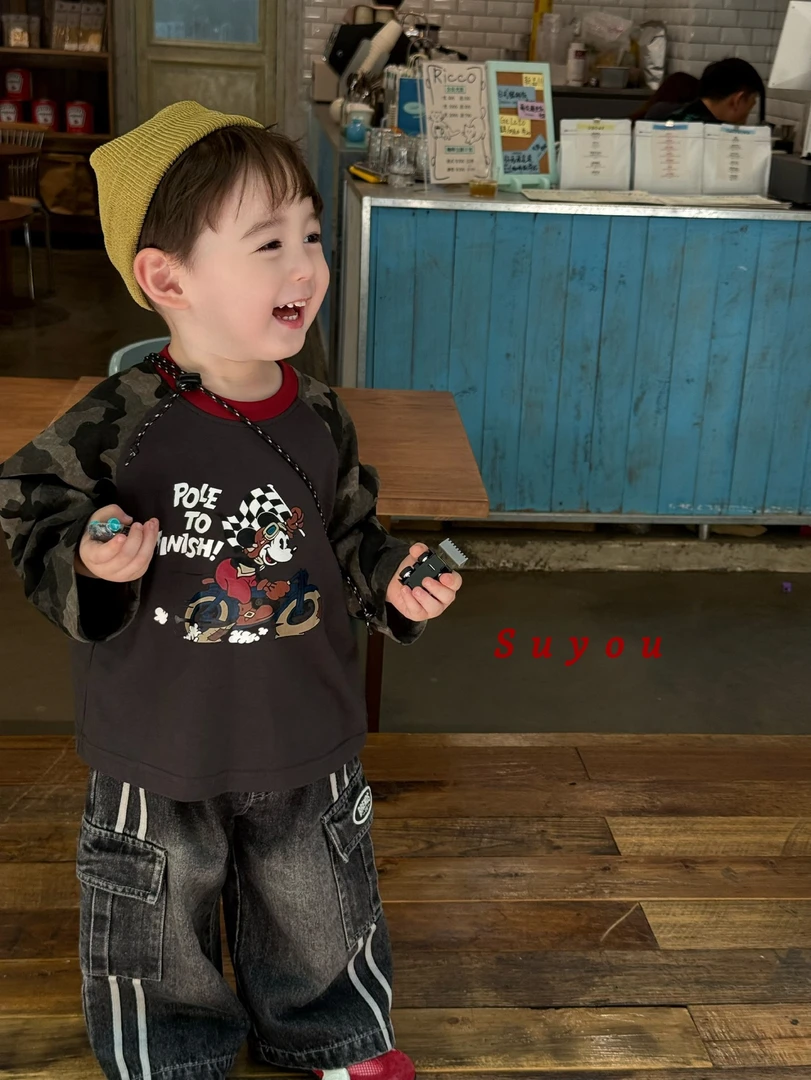 苏右2025秋款男童小童迷彩拼接史努比长袖T恤韩版宝宝直筒牛仔裤