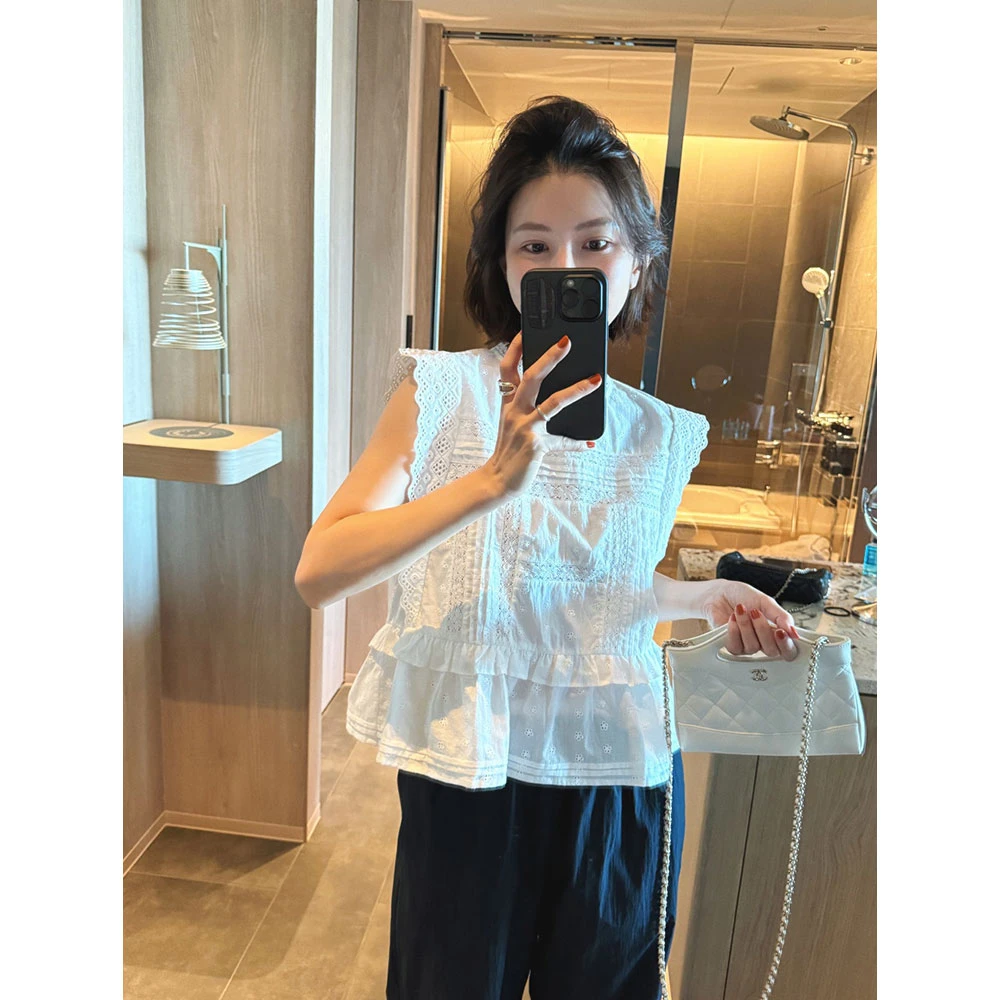 【MGDM】蕾丝花边拼接重工设计薄款简约短款无袖小衫上衣无袖T恤