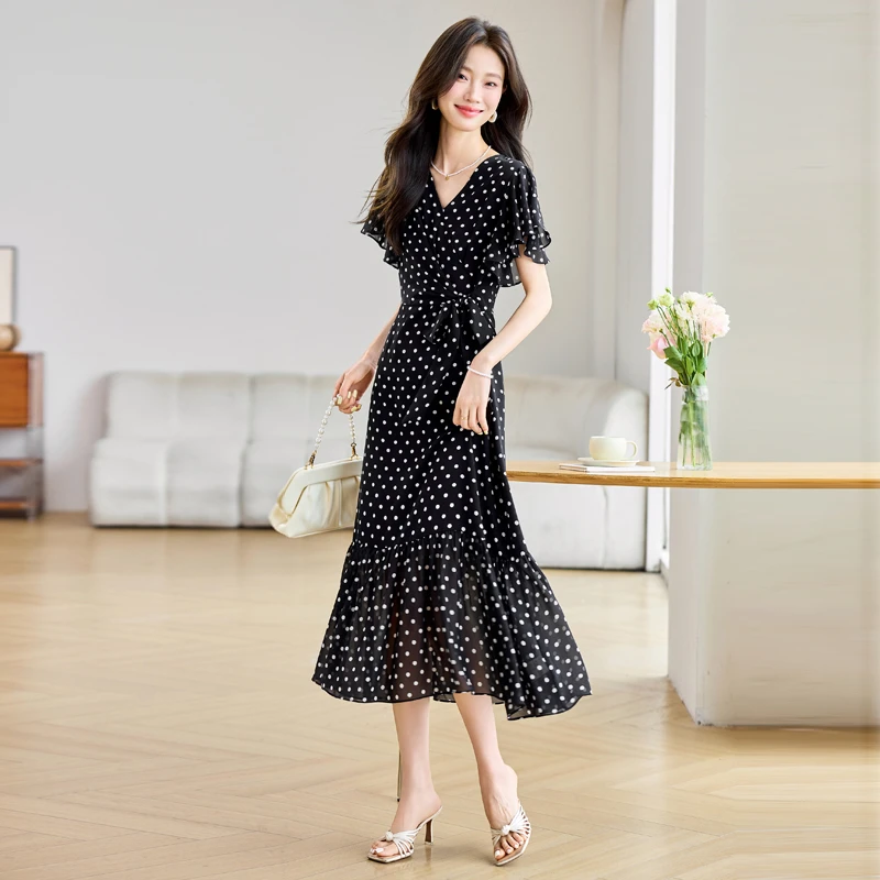 muji风法式波点夏季连衣裙森系桑蚕丝茶歇裙