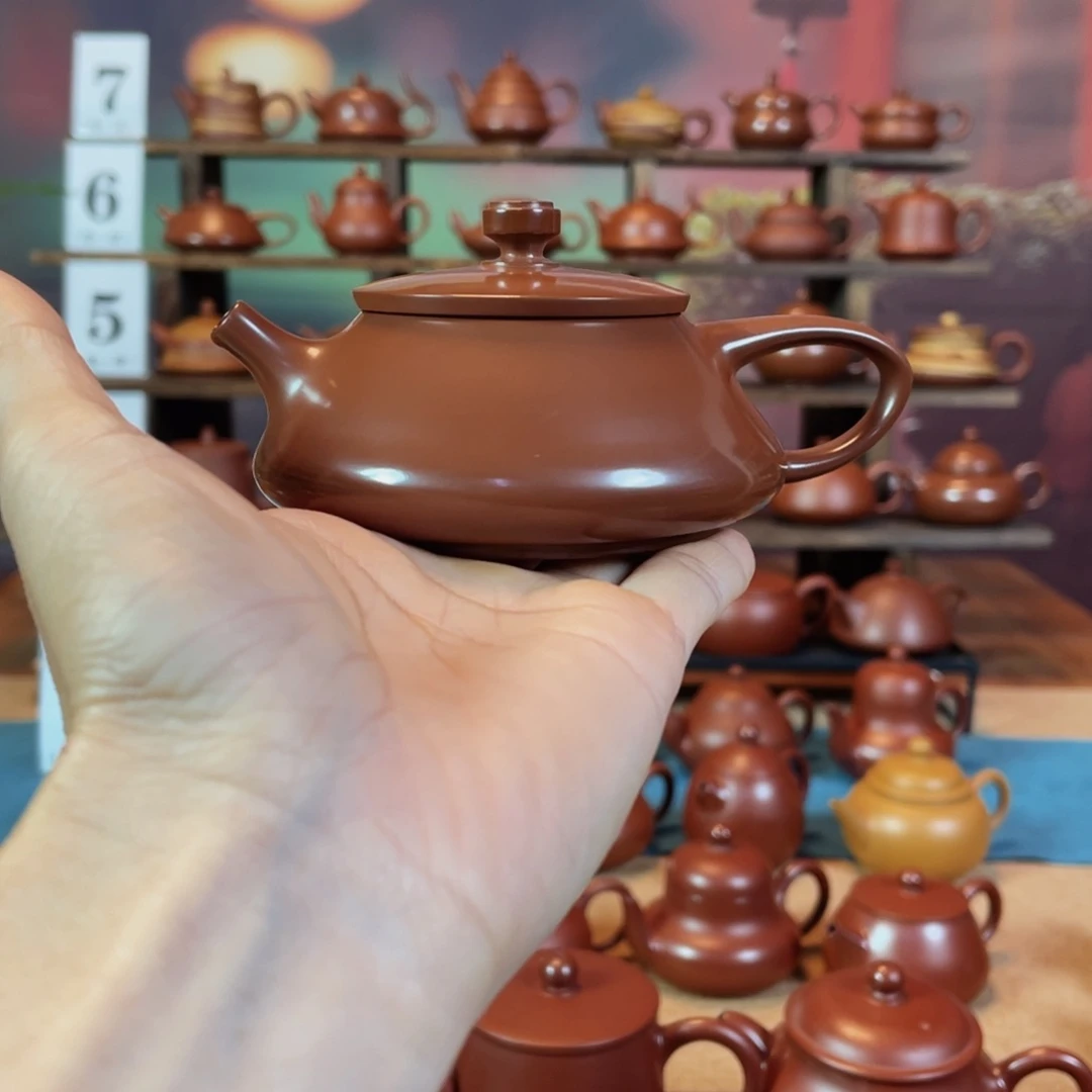茶壶紫砂李*潮州手工手拉朱泥水磨石瓢壶