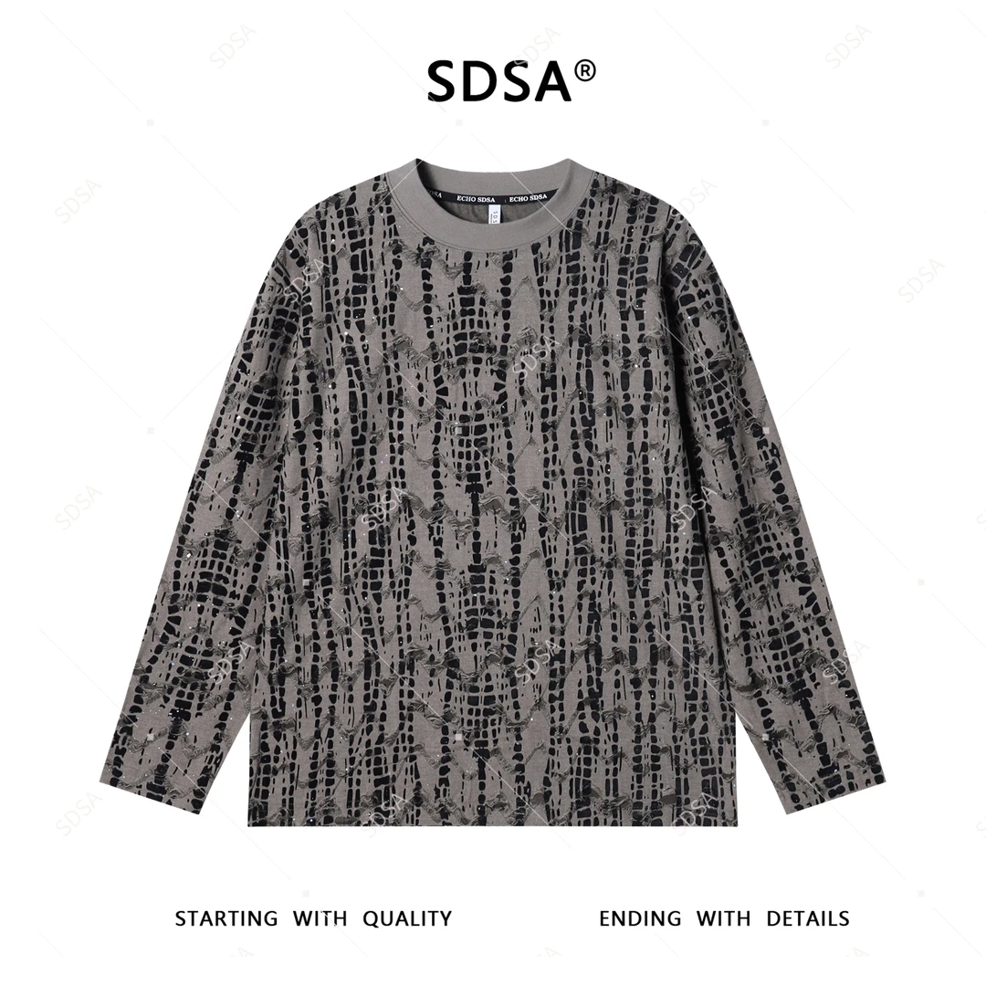 SDSA男士秋冬新款轻奢痞帅男装磨破植绒满天星圆领长袖T恤时尚潮