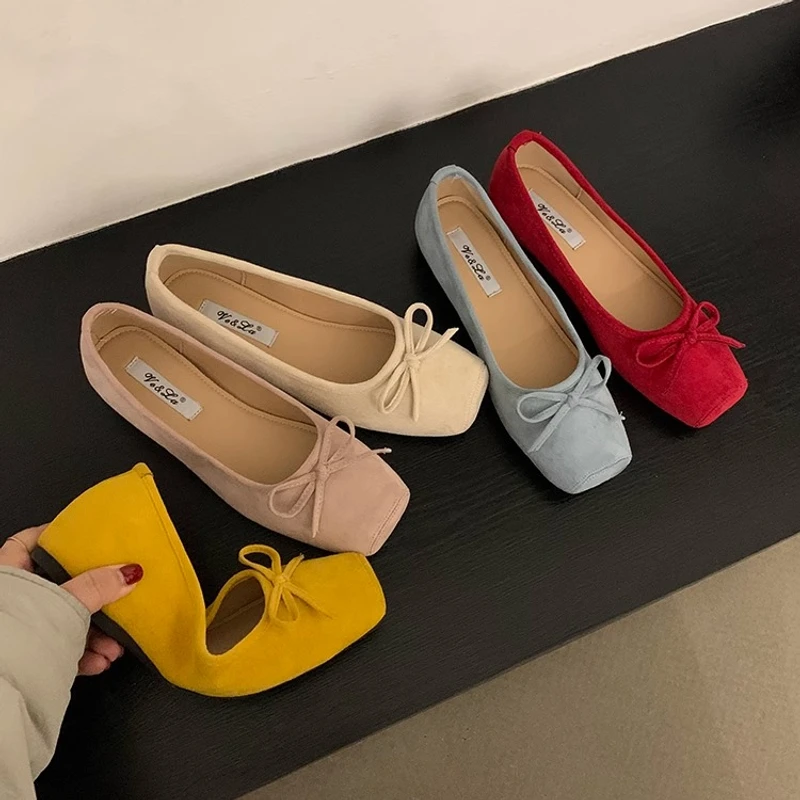 内增高女鞋春夏温柔蝴蝶结黄色单鞋芭蕾舞鞋晚晚鞋浅口鞋子法式
