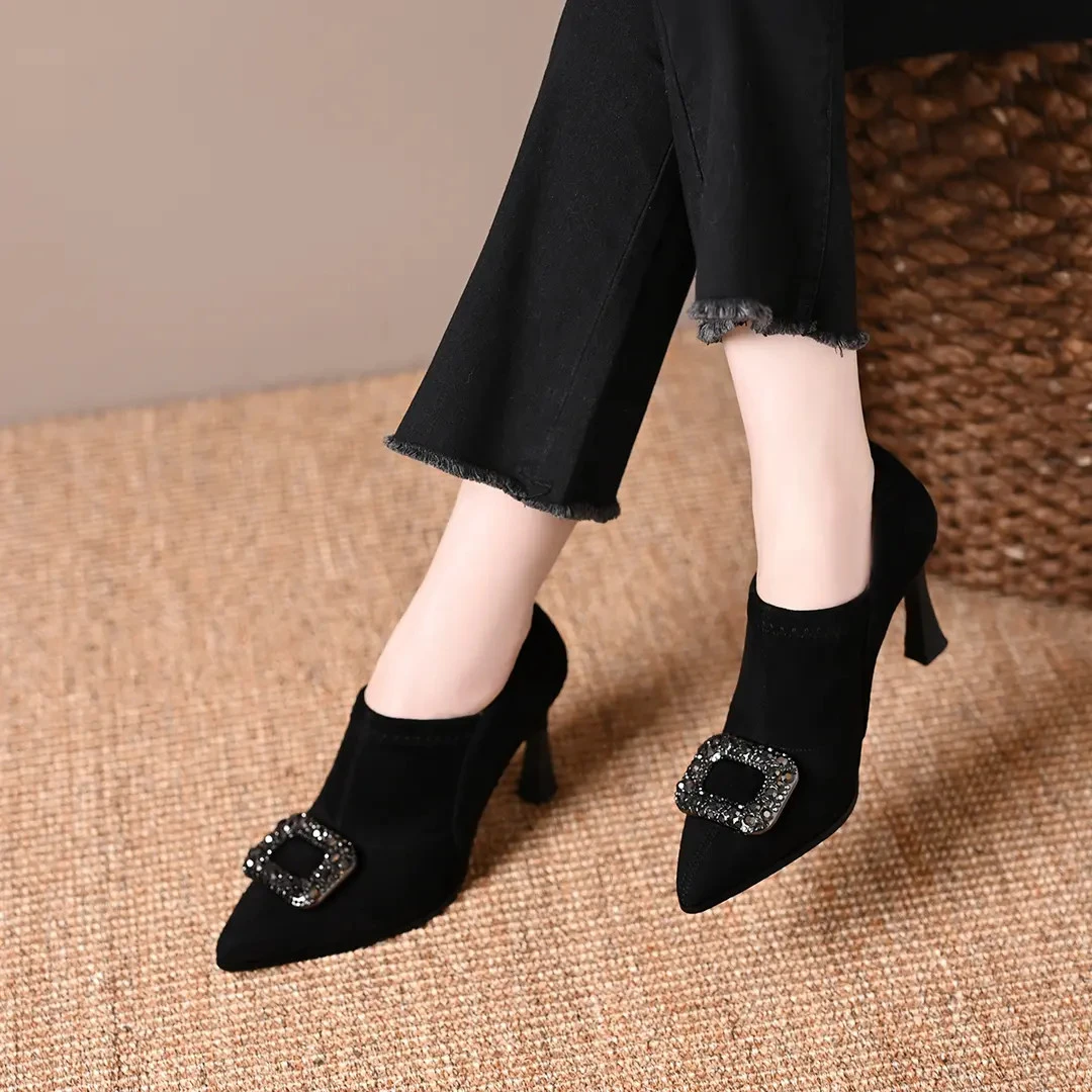 高跟鞋深口女短靴子2025春秋新款钻扣黑色绒面尖头弹力及踝靴裸靴