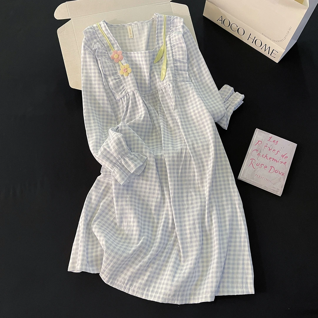 2025新款睡裙女春秋季甜美韩系ins方领长袖睡衣宽松中长款家居服