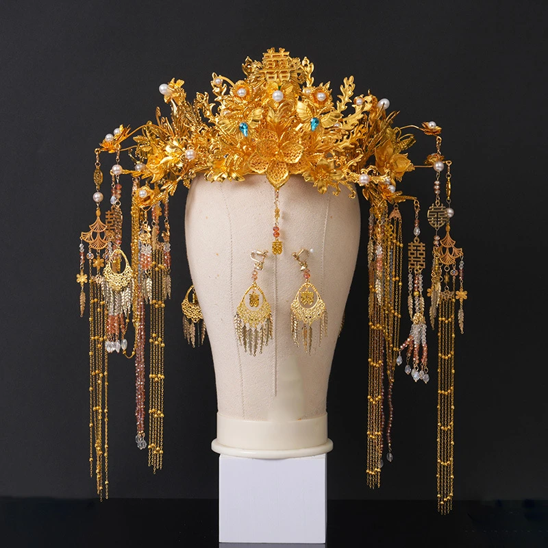 8076金色百搭新款中式头饰秀禾服高级奢华大气半冠后区新娘原创