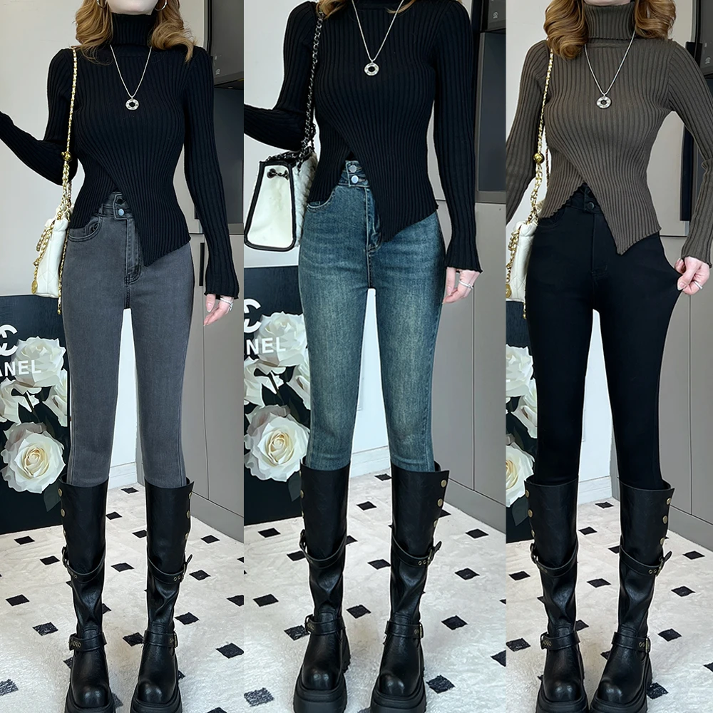 朵品双扣高腰显瘦紧身小脚牛仔裤女2025秋冬季修身弹力加绒铅笔裤