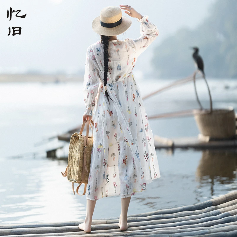 现货【人间四月】圆领碎花连衣裙轻薄浪漫绣花长裙女2025夏季文艺裙