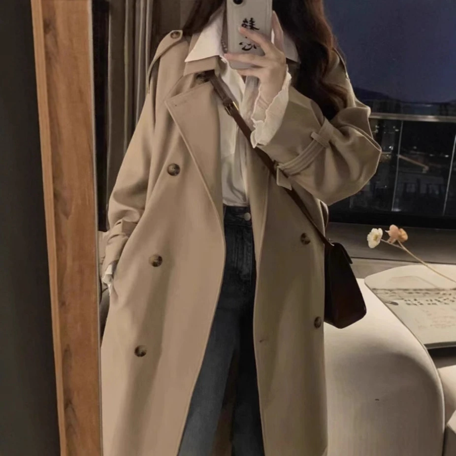 2025秋季新款韩系小个子中长款双排扣休闲风衣女外套