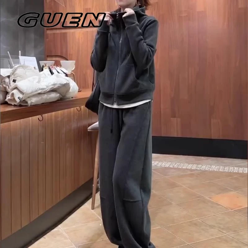GUEN慵懒风休闲运动女秋冬2025新款加绒加厚卫衣外套阔腿裤两件套