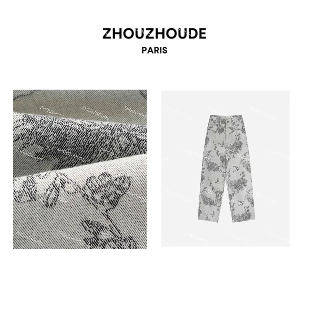 ZHOUZHOUDE【塞纳旋律】25SS春夏定制重工水墨白描染花弯刀牛仔裤