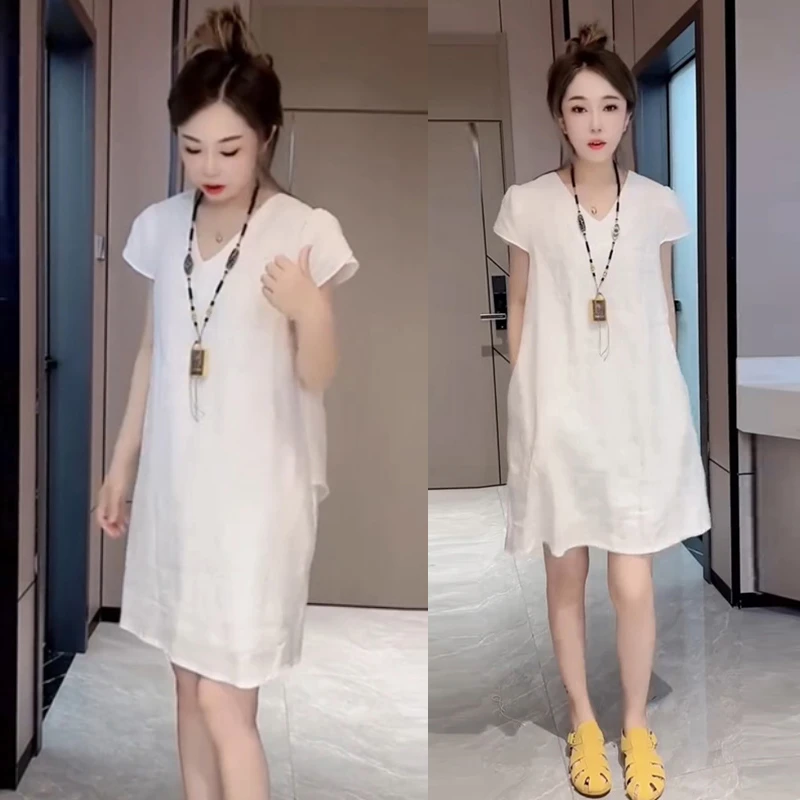 气质简约法式纯色连衣裙2025夏季新款轻熟风韩系干净时尚宽松裙子