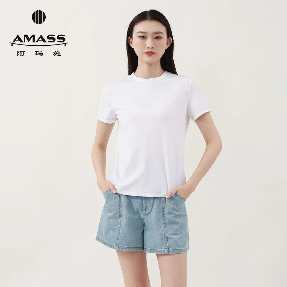 阿玛施AMASS新款女装休闲简约素面百搭基础款短袖圆领T恤5301025