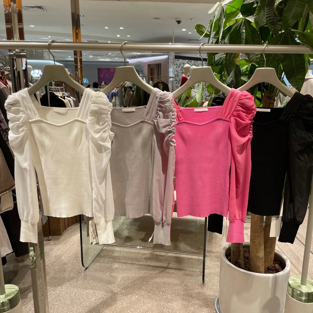 美子酱 日系甜美淑女方领抽褶泡泡袖拼接针织衫上衣 S1144-3