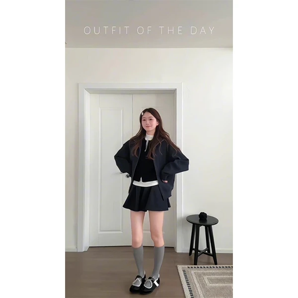 拉链卫衣外套女短款设计感纯色开衫长袖大版重磅上衣半身裙套装