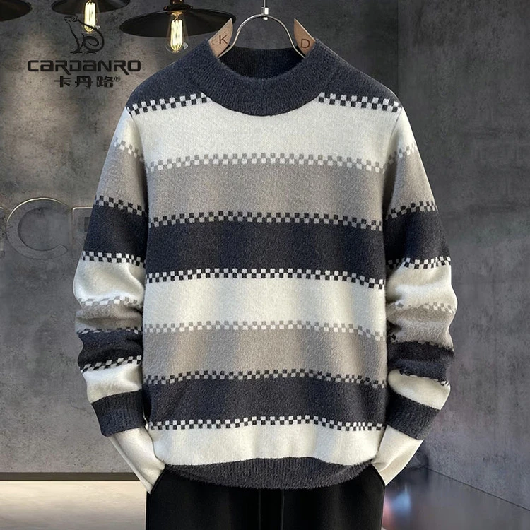卡丹路2025秋冬季新款半高领毛衣条纹上衣服打底针织衫