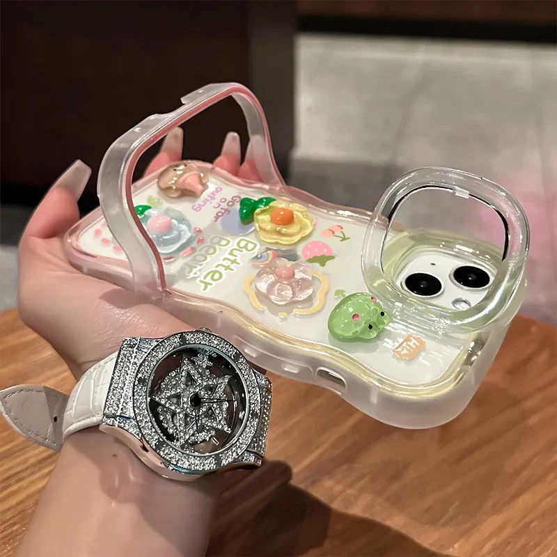 欧克里里绿粉花朵立体公仔适用苹果16/15promax双支架壳13/14手机