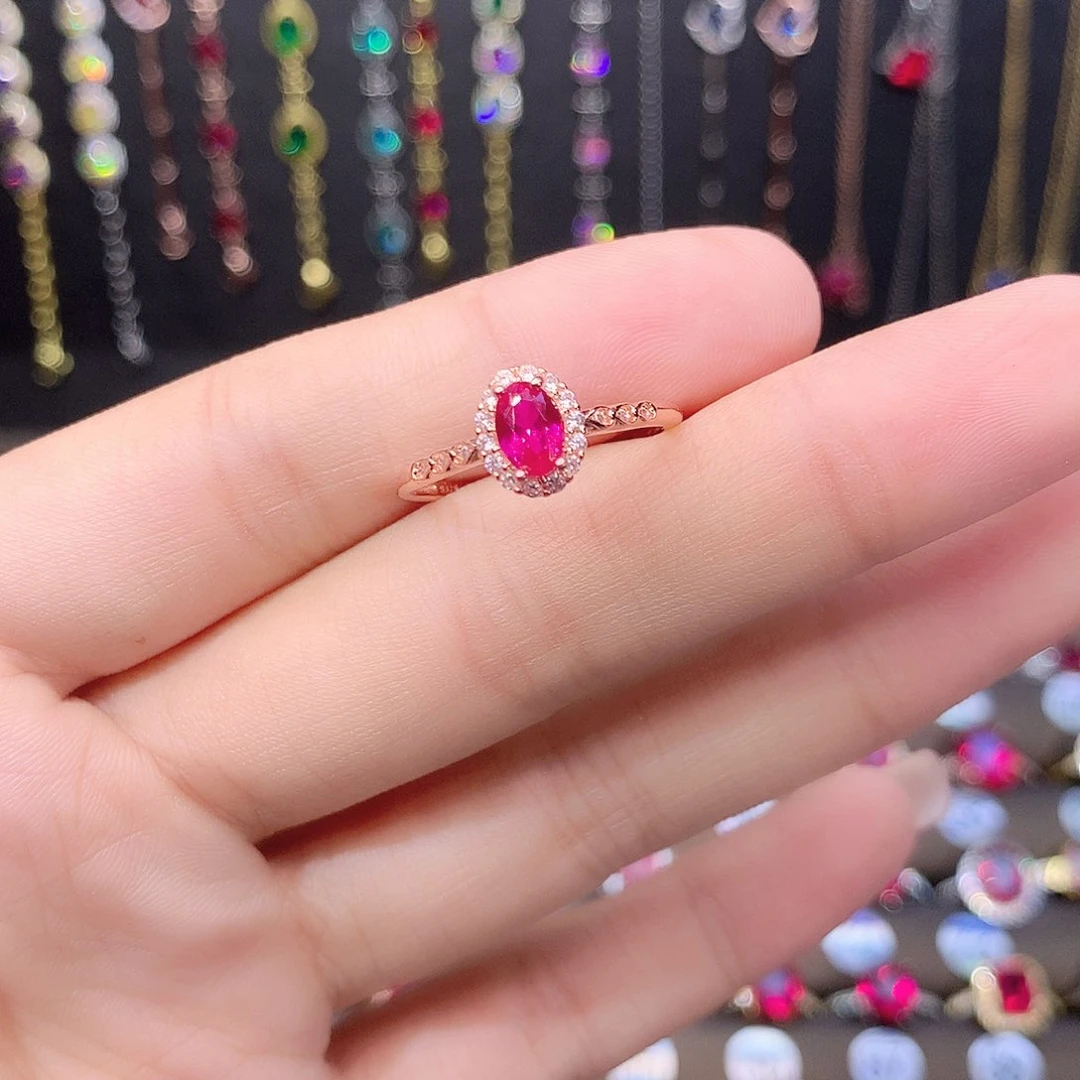 红宝石戒指银S925镶嵌玫瑰金46