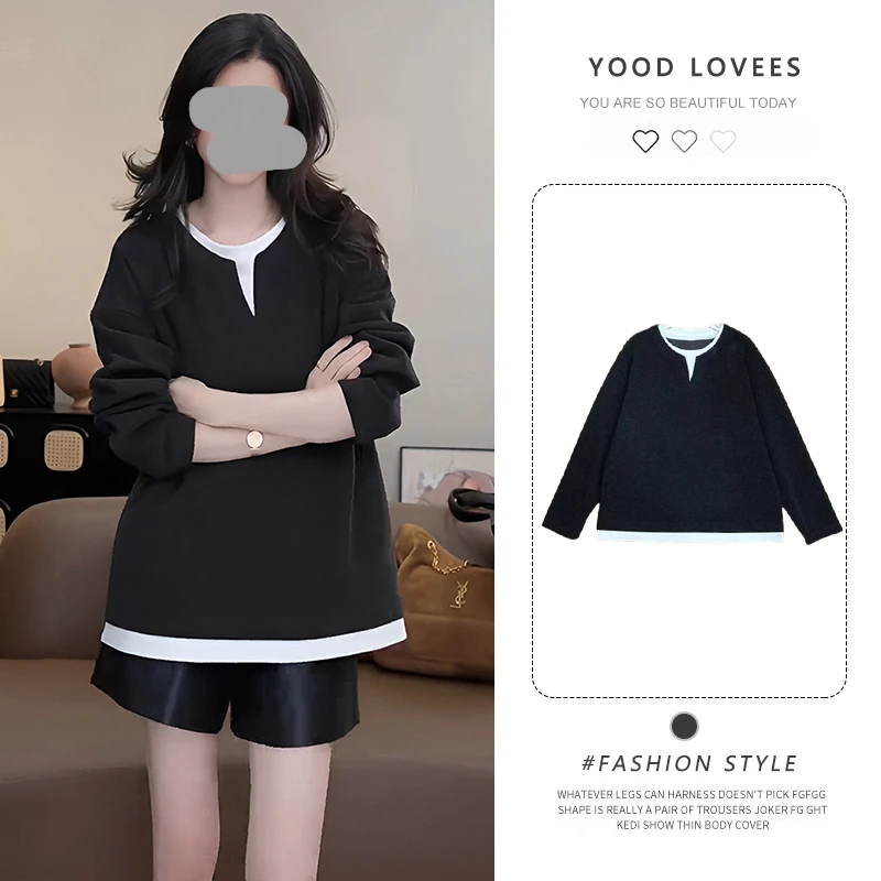 老钱极简舒适灰色假两件上衣女新款慵懒风高级感宽松显瘦打底衫