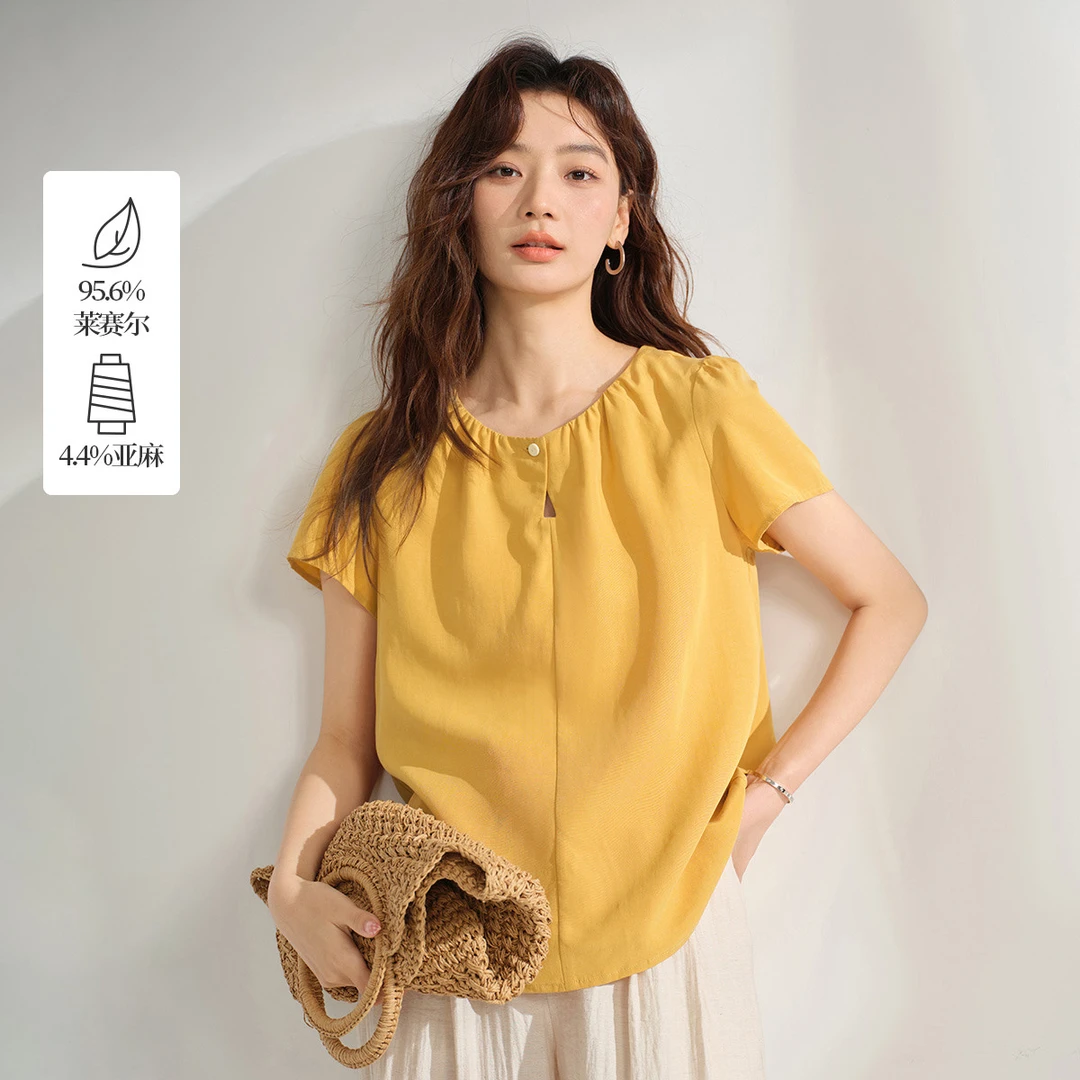 茵曼2025夏季新款女衬衫衬衣短袖亚麻气质宽松休闲纯色通勤圆领
