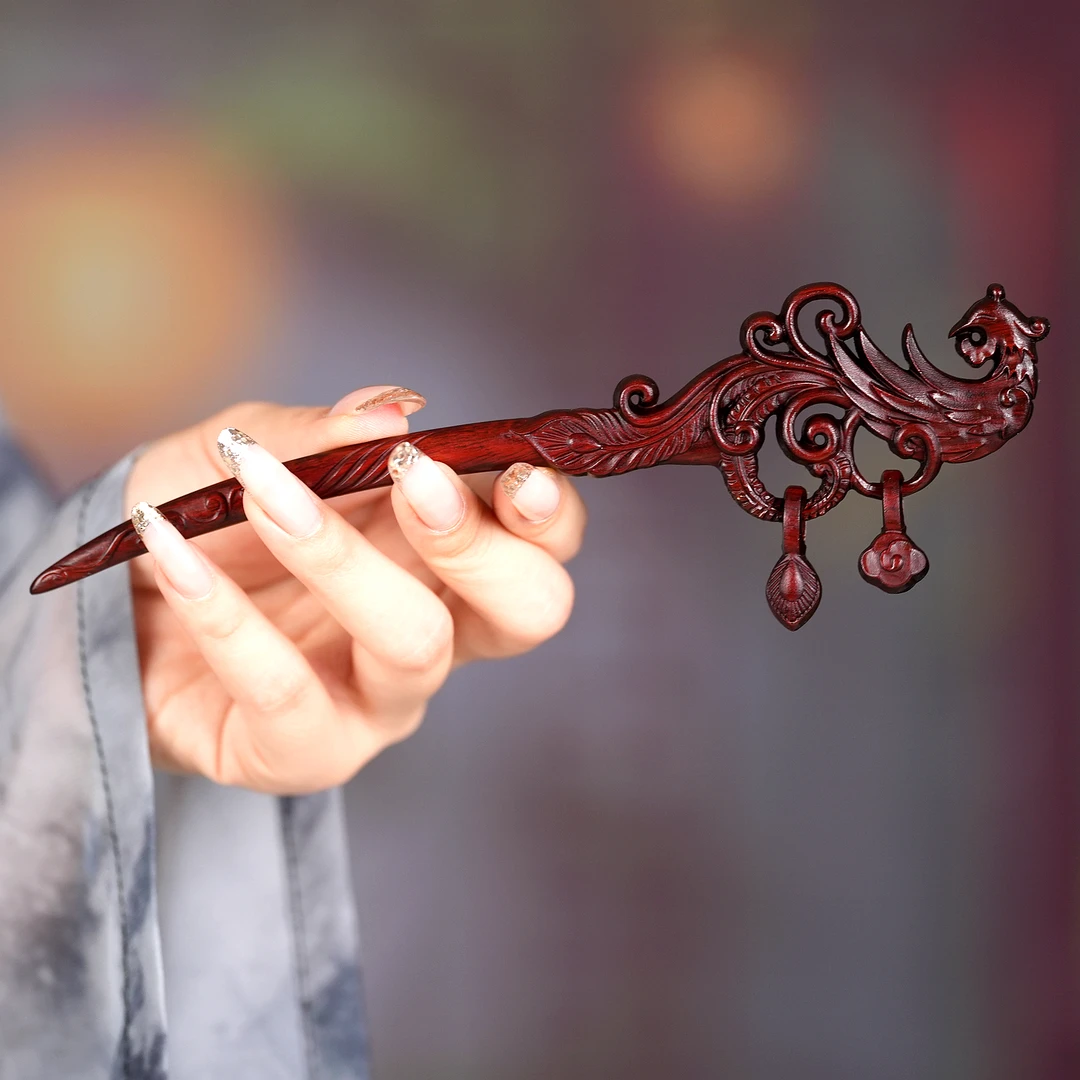 原创大气凤凰凌云发簪手工吊坠步摇檀木簪子中式百搭古风盘发发饰