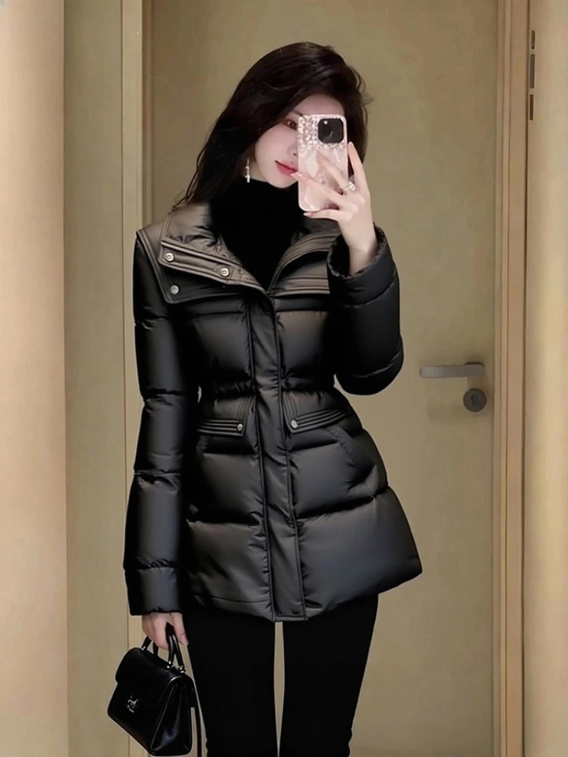 冬天韩系超好看不臃肿显瘦厚实保暖收腰黑色女士夹棉翻领棉服外套