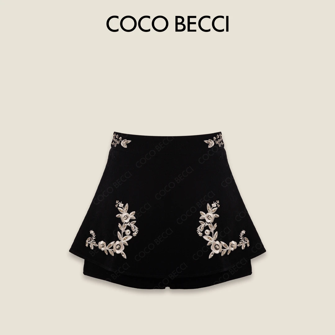 COCO BECCI【宫廷巴洛克】高腰百搭复古刺绣丝绒裙裤CFXYC264018