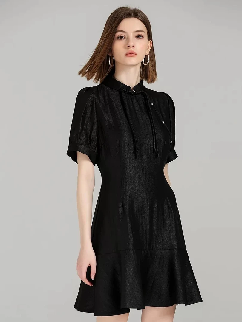 夏款新中式国风立领盘扣装饰收腰显瘦荷叶边拼接连衣裙女