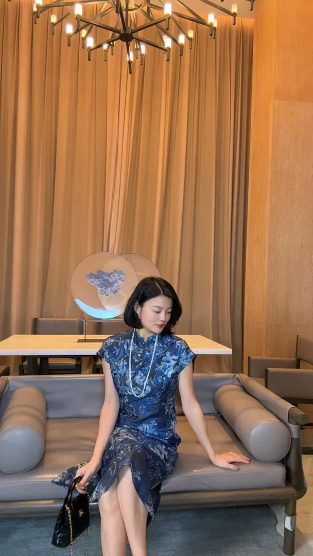 TANTAN  人丝真丝青花瓷印花旗袍1696