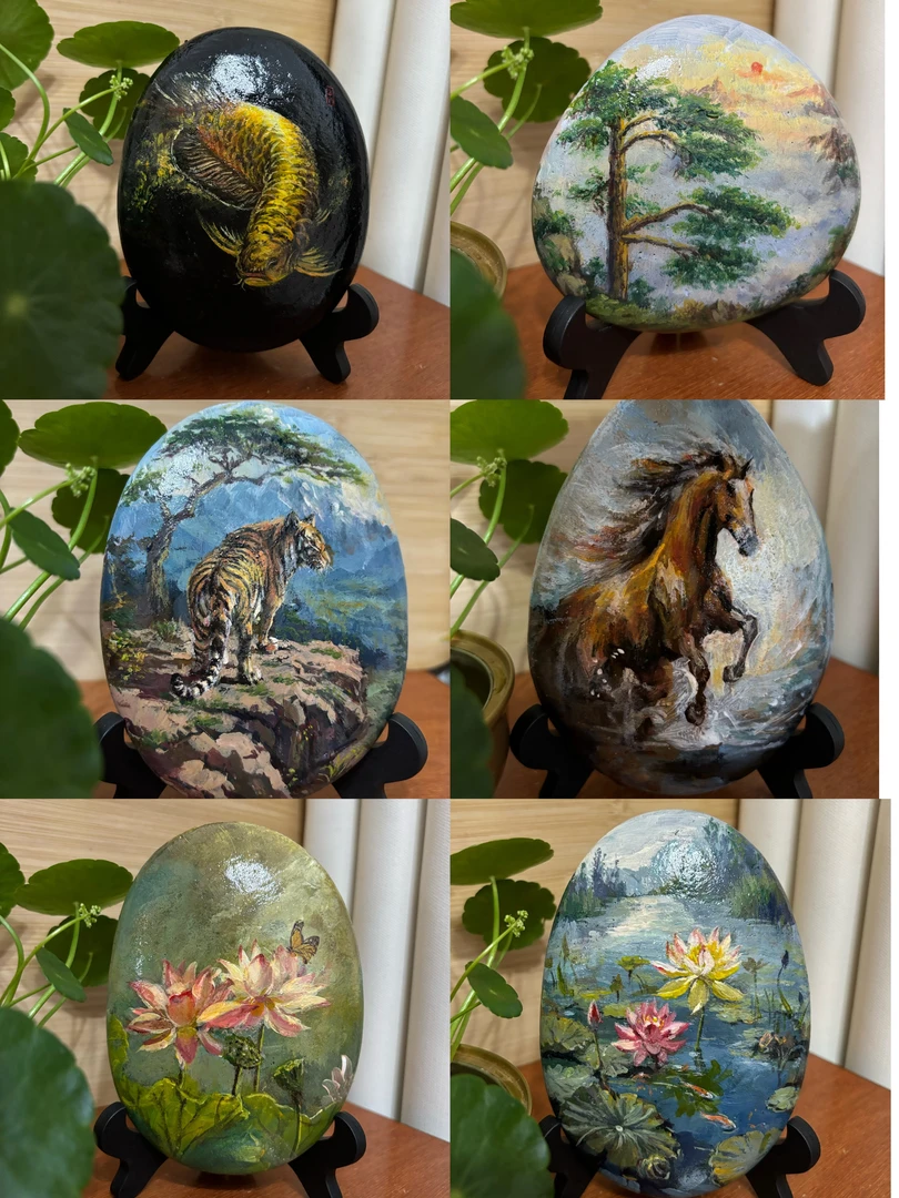 石头画纯手绘天然石头画纯手工工艺品摆件精美桌面摆件防水