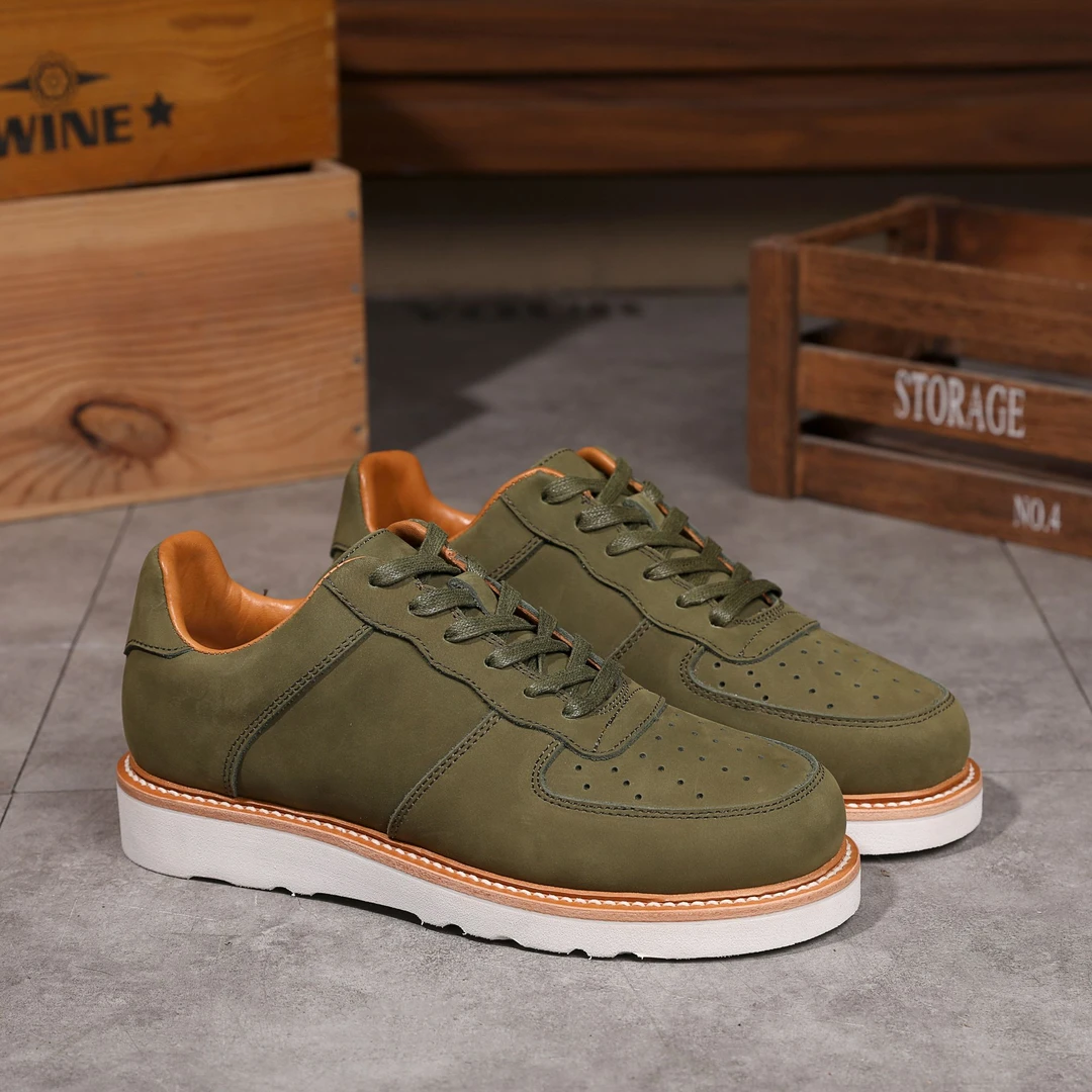磨砂牛皮男鞋橄榄绿真皮板鞋透气低帮休闲百搭固特异工艺工装鞋