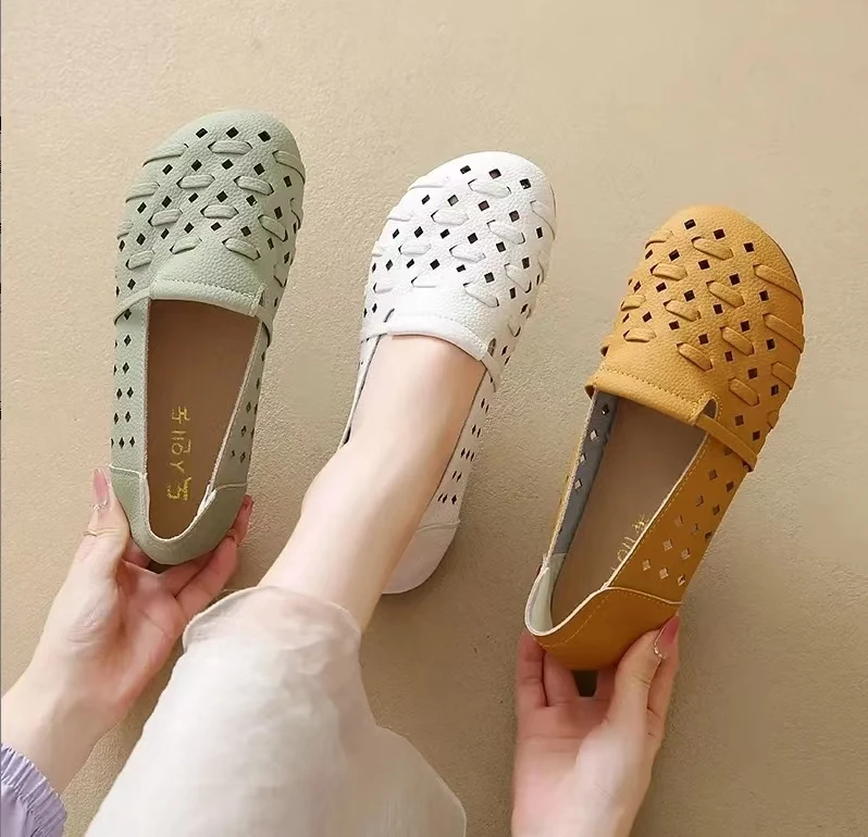 DF夏季新款平底牛筋软底脚蹬洞洞鞋女透气镂空软底舒适妈妈单鞋8