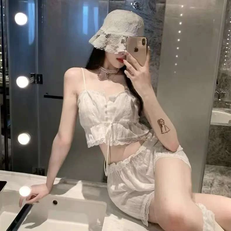 纯欲白色少女吊带短裤套装睡衣露肚脐灯笼裤性感修身显瘦家居套装