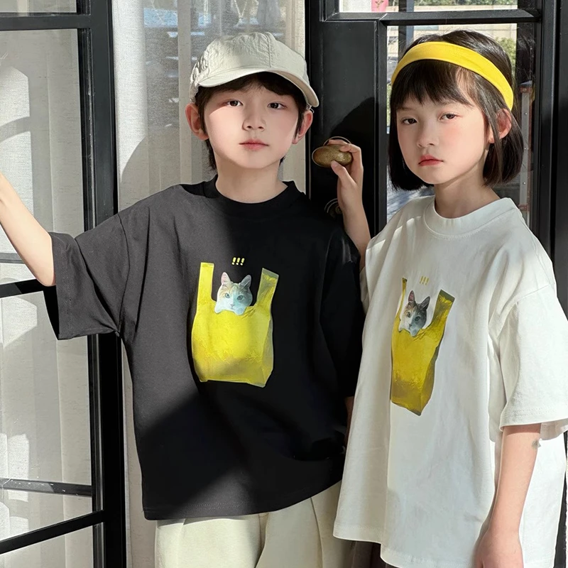 【口袋里的大橘】儿童夏季纯棉短袖T恤韩版猫咪中大童男女童潮T